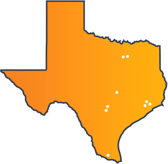 Map of Texas with Pins on Dallas, Fort Worth, 3 in San Antonio, 3 in Houston and McAllen