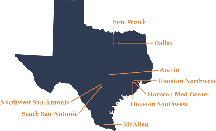 Map of Texas showing CHCP locations - Austin, Dallas, Fort Worth, Houston, McAllen and San Antonio..